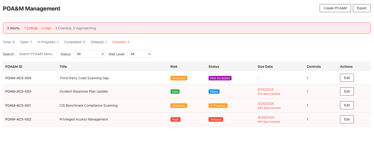 POA&M Management screenshot 1